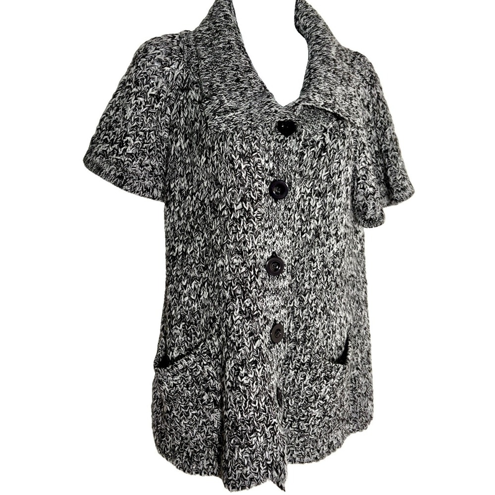 Brittany Black Marled Short Sleeve Cardigan Button Front Knit Sweater Large
